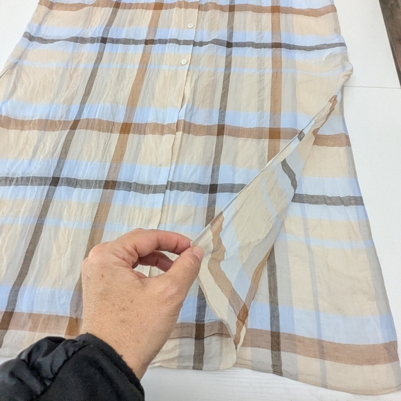 Theory Sheer Plaid Maxi Shirt Dress Crinkled Cotton Long Sleeve Lightweight XL - Picture 9 of 14